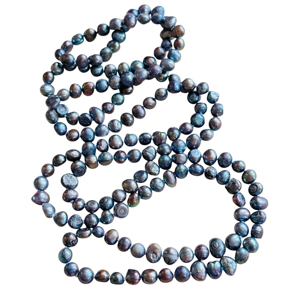 VTG Blue Peacock Baroque Freshwater Pearl beads Necklace Authentic Knotted 46"